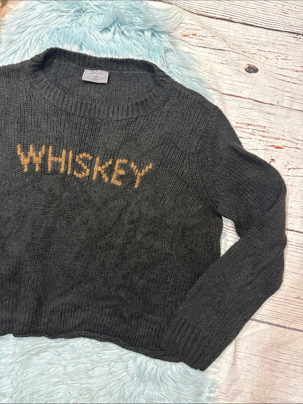 Wooden Ships Whiskey Cozy Knit Black Crew Neck Sweater